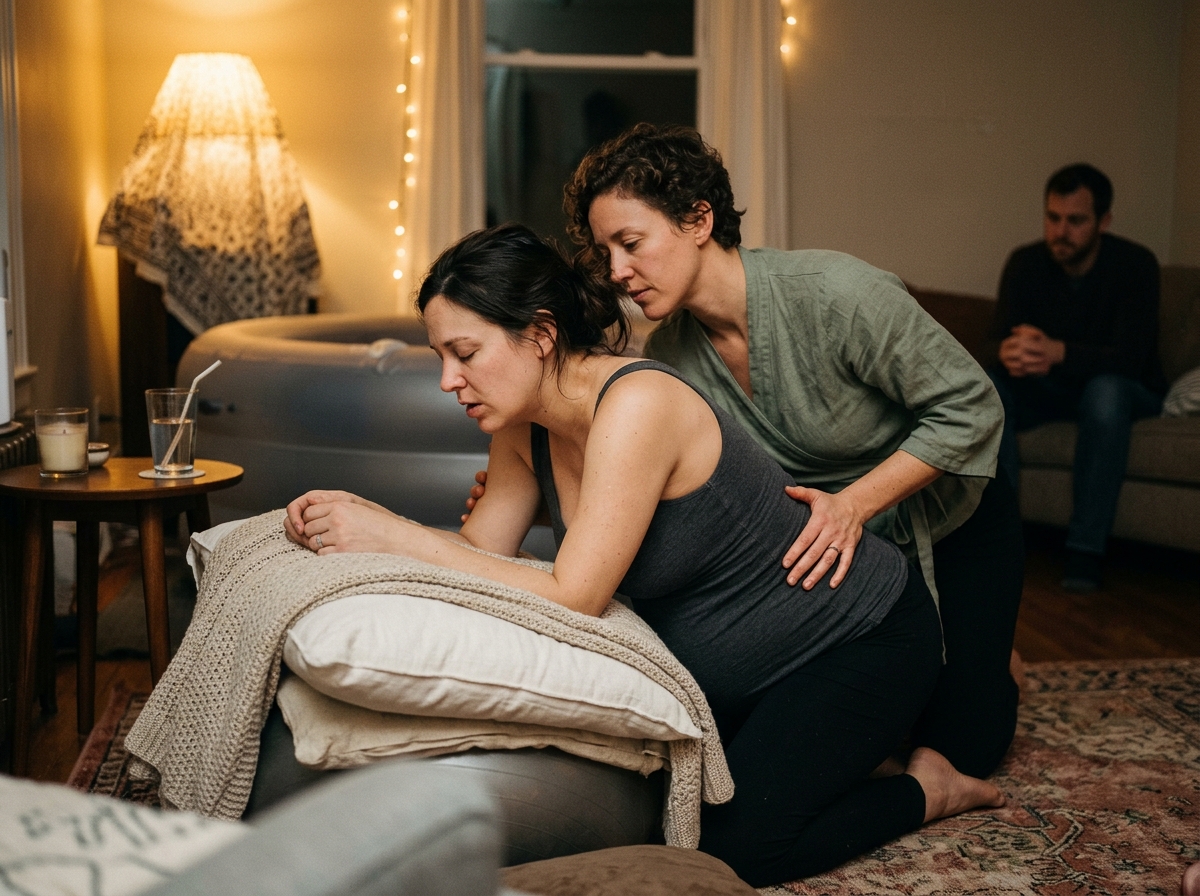 Doula providing continuous hands-on labor and birth support