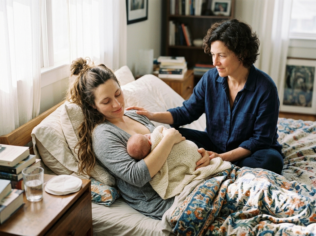 Postpartum doula supporting mother and infant bonding